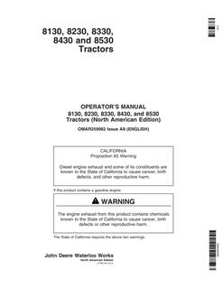 John Deere 8130, 8230, 8330, 8430 and 8530 Tractor Operator manual OMAR259982 — actual manual cover