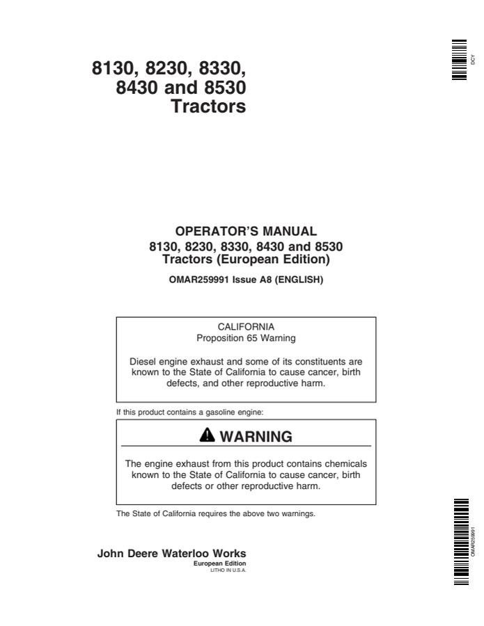 John Deere 8130, 8230, 8330, 8430 and 8530 Tractor Operator manual OMAR259991 — actual manual cover
