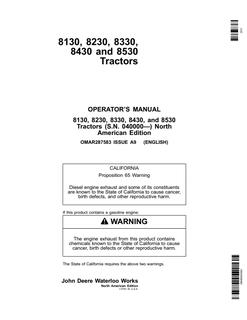 John Deere 8130, 8230, 8330, 8430 and 8530 Tractor Operator manual OMAR287583 — actual manual cover