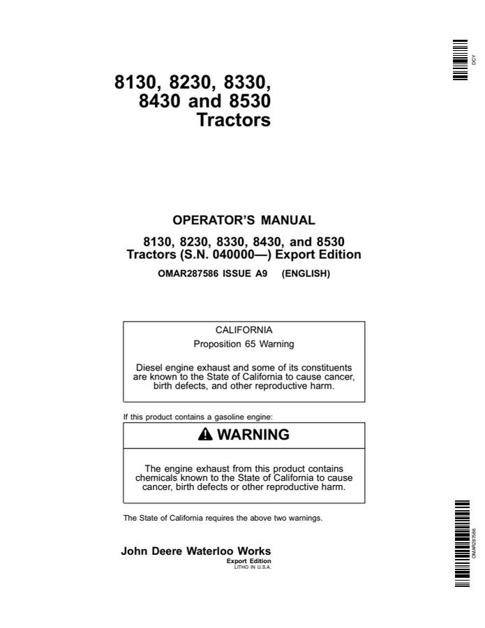 John Deere 8130, 8230, 8330, 8430 and 8530 Tractor Operator manual OMAR287586 — actual manual cover