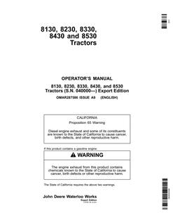 John Deere 8130, 8230, 8330, 8430 and 8530 Tractor Operator manual OMAR287586 — actual manual cover