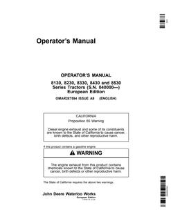 John Deere 8130, 8230, 8330, 8430 and 8530 Tractor Operator manual OMAR287594 — actual manual cover