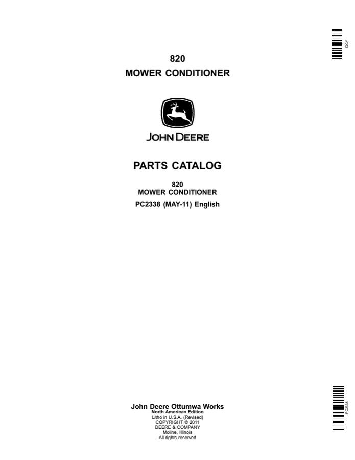 John Deere 820 Mower conditioner Parts catalog PC2338 — actual manual cover