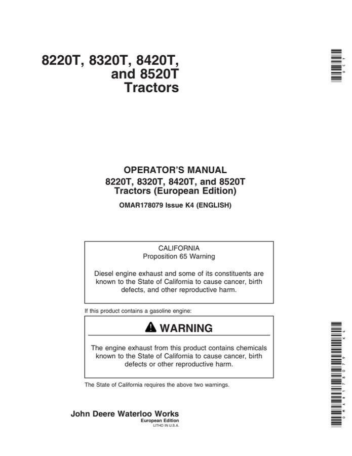 John Deere 8220T, 8320T, 8420T and 8520T Tractor Operator manual OMAR178079 — actual manual cover