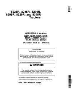 John Deere 8225R, 8245R, 8270R, 8295R, 8320R and 8345R Tractor Operator manual OMAR276030 — actual manual cover