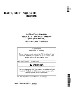John Deere 8230T, 8330T, 8430T Agricultural tractor Operator's manual OMAR229553 — actual manual cover