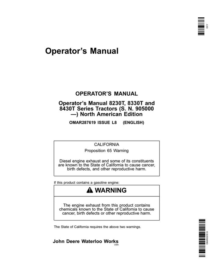John Deere 8230T, 8330T and 8430T Tractor Operator manual OMAR287619 — actual manual cover