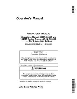 John Deere 8230T, 8330T and 8430T Tractor Operator manual OMAR287619 — actual manual cover