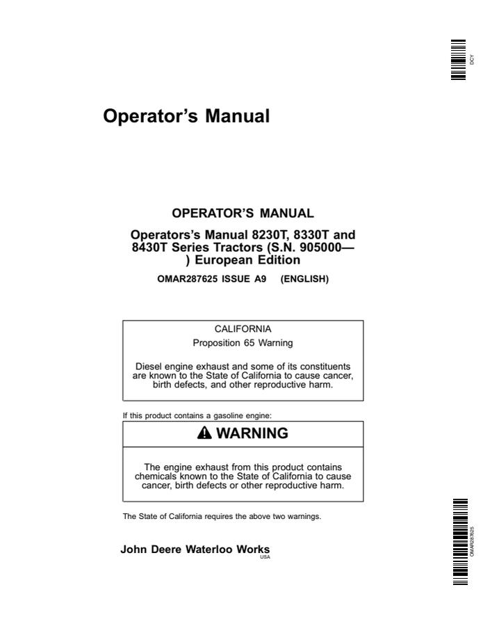 John Deere 8230T, 8330T and 8430T Tractor Operator manual OMAR287625 — actual manual cover