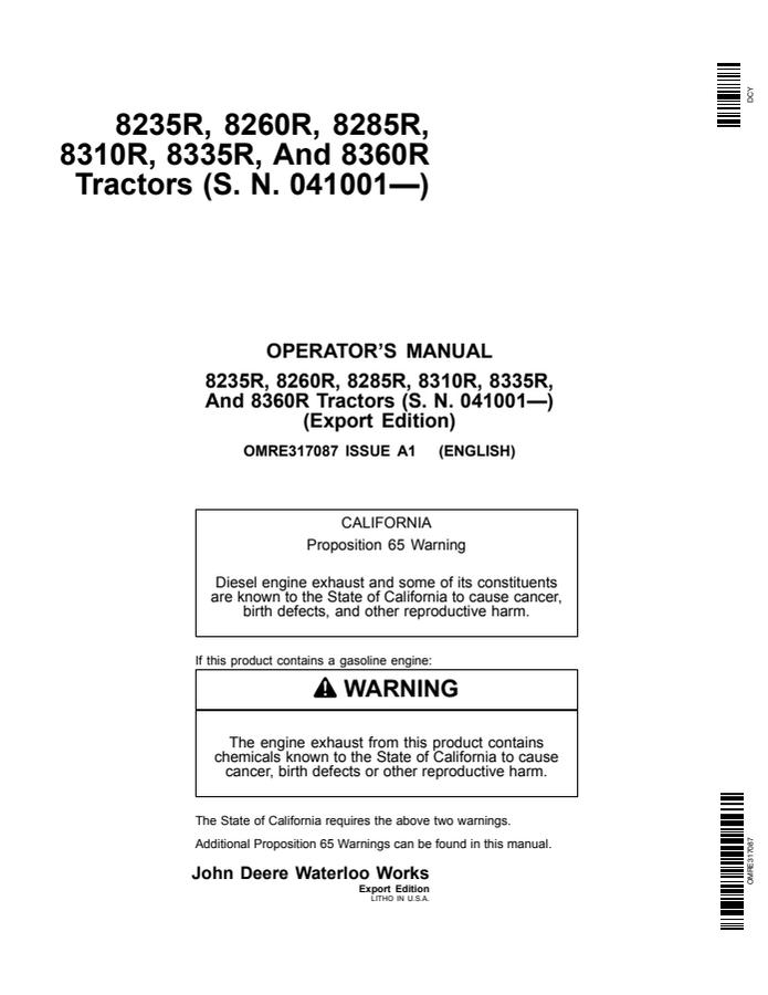 John Deere 8235R, 8260R, 8285R, 8310R, 8335R and 8360R Tractor Operator manual OMRE317087 — actual manual cover