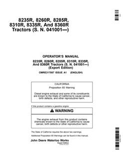 John Deere 8235R, 8260R, 8285R, 8310R, 8335R and 8360R Tractor Operator manual OMRE317087 — actual manual cover