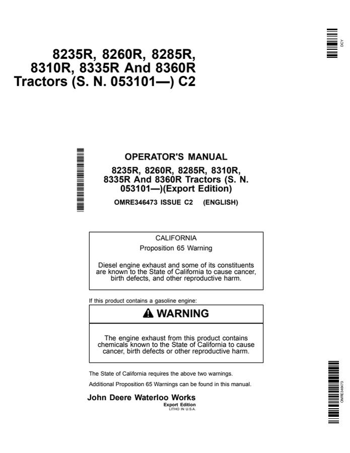 John Deere 8235R, 8260R, 8285R, 8310R, 8335R and 8360R Tractor Operator manual OMRE346473 — actual manual cover