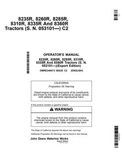 John Deere 8235R, 8260R, 8285R, 8310R, 8335R and 8360R Tractor Operator manual OMRE346473 — actual manual cover