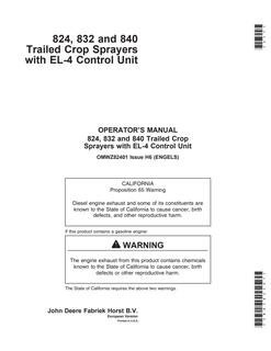 John Deere 824, 832 and 840 EL-4 Crop sprayer Operator manual OMWZ82401 — actual manual cover