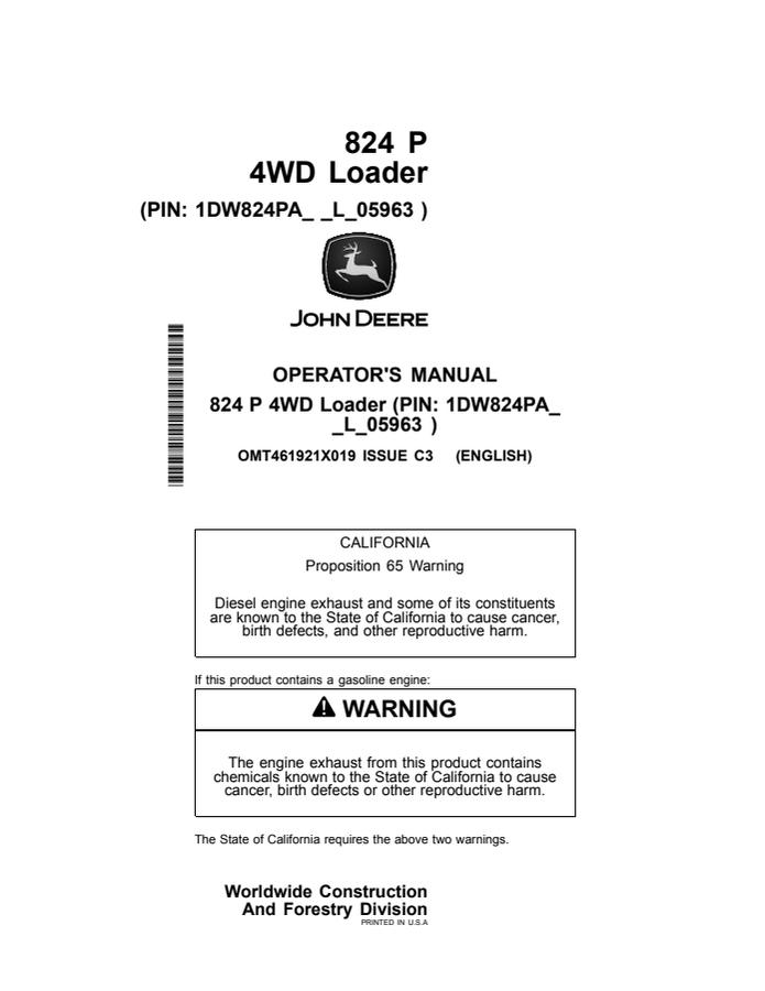 John Deere 824 P Loader Operator manual OMT461921X019 — actual manual cover