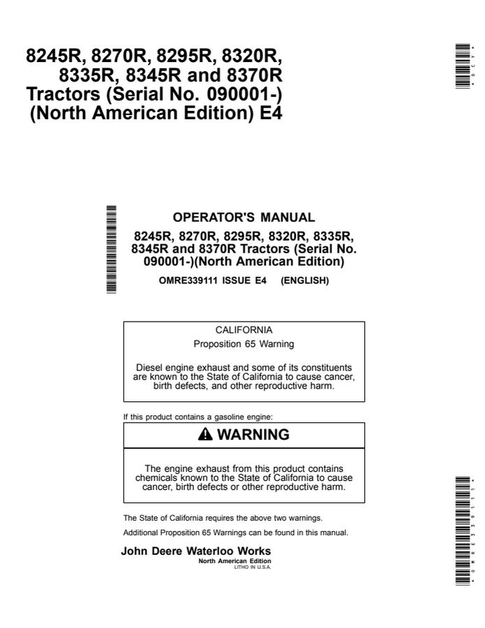 John Deere 8245R, 8270R, 8295R, 8320R, 8335R, 8345R and 8370R Tractor Operator manual OMRE339111 — actual manual cover