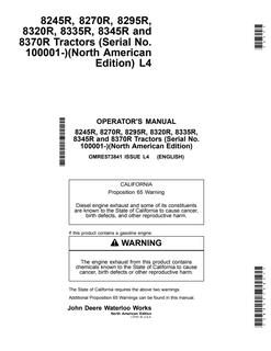 John Deere 8245R, 8270R, 8295R, 8320R, 8335R, 8345R and 8370R Tractor Operator manual OMRE573841 — actual manual cover