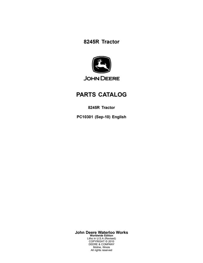 John Deere 8245R Tractor Parts catalog PC10301 — actual manual cover