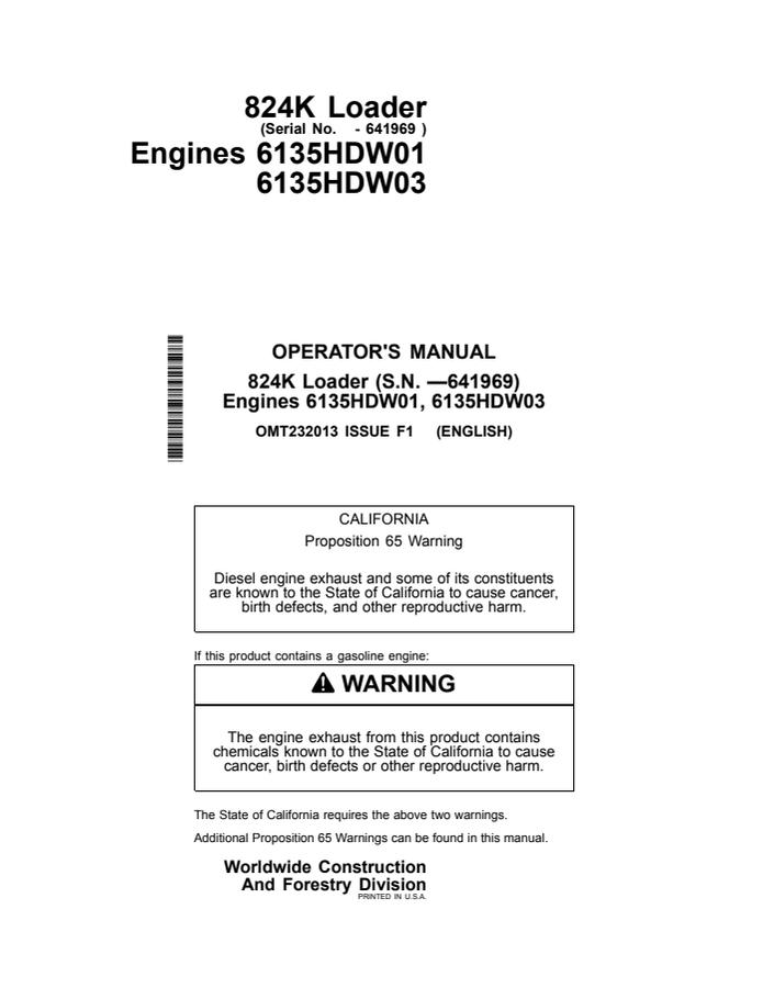 John Deere 824K Loader Operator manual OMT232013 — actual manual cover