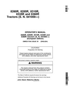 John Deere 8260R, 8285R, 8310R, 8335R and 8360R Tractor Operator manual OMRE317040 — actual manual cover