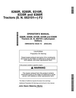 John Deere 8260R, 8285R, 8310R, 8335R and 8360R Tractor Operator manual OMRE558762 — actual manual cover