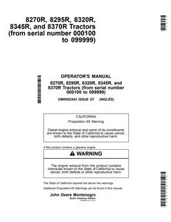 John Deere 8270R, 8295R, 8320R, 8345R, 8370R Tractor Operator's manual OMR552543 — actual manual cover