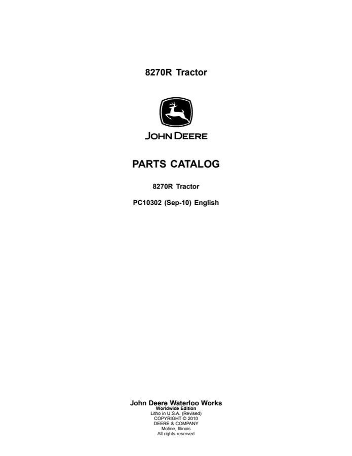 John Deere 8270R Tractor Parts catalog PC10302 — actual manual cover