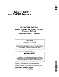 John Deere 8295RT, 8320RT and 8345RT Tractor Operator manual OMRE314044 — actual manual cover