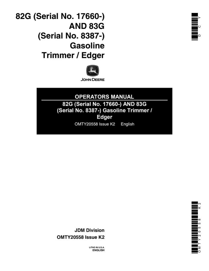 John Deere 82G and 83G Trimmer/edger Operator manual OMTY20558 — actual manual cover