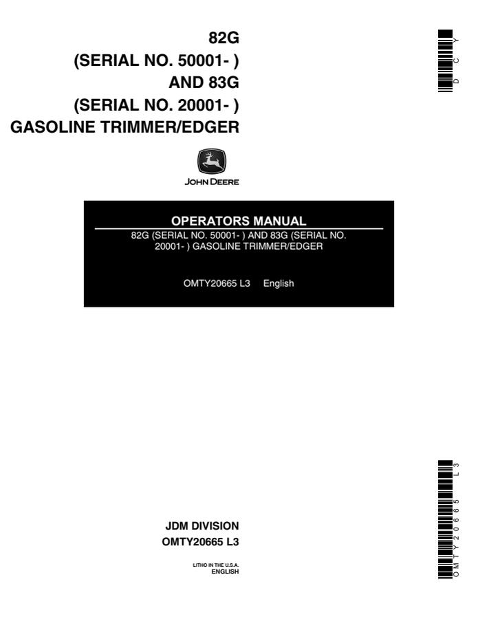 John Deere 82G and 83G Trimmer/edger Operator manual OMTY20665 — actual manual cover
