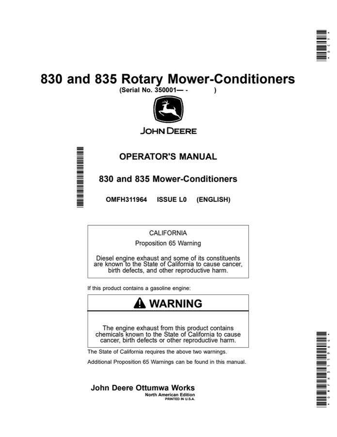 John Deere 830 and 835 Mower-conditioner Operator manual OMFH311964 — actual manual cover