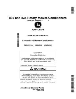 John Deere 830 and 835 Mower-conditioner Operator manual OMFH311964 — actual manual cover