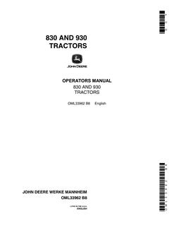 John Deere 830 and 930 Tractor Operator manual OML33962 — actual manual cover
