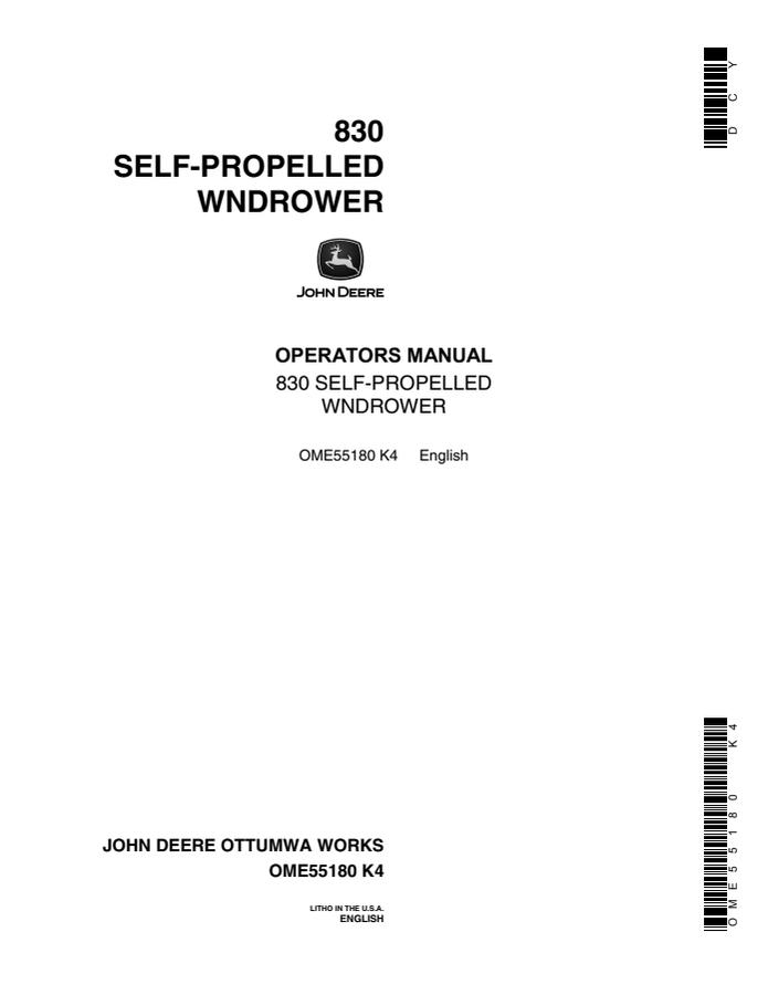 John Deere 830 Windrower Operator manual OME55180 — actual manual cover
