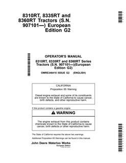 John Deere 8310RT, 8335RT, 8360RT Tractor Operator manual OMRE346418 — actual manual cover
