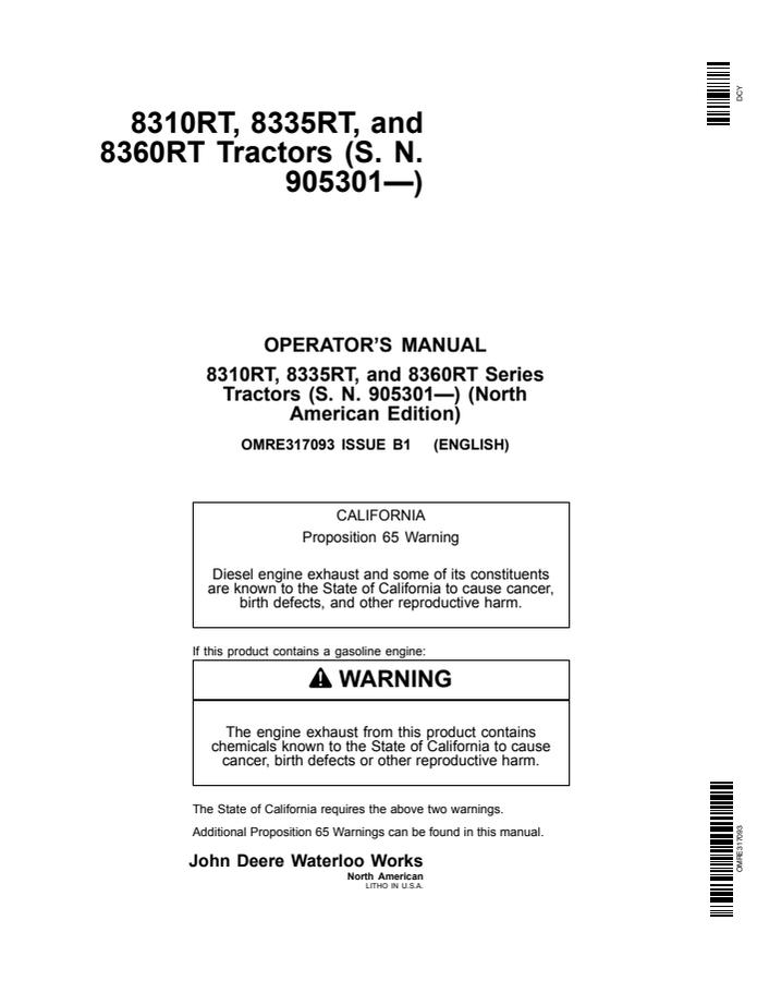 John Deere 8310RT, 8335RT and 8360RT Tractor Operator manual OMRE317093 — actual manual cover