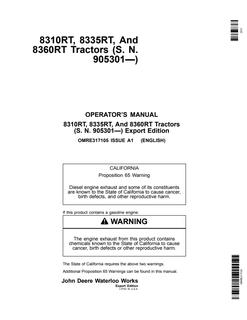 John Deere 8310RT, 8335RT and 8360RT Tractor Operator manual OMRE317105 — actual manual cover