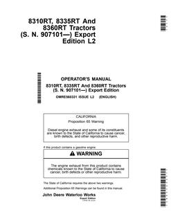 John Deere 8310RT, 8335RT and 8360RT Tractor Operator manual OMRE560331 — actual manual cover