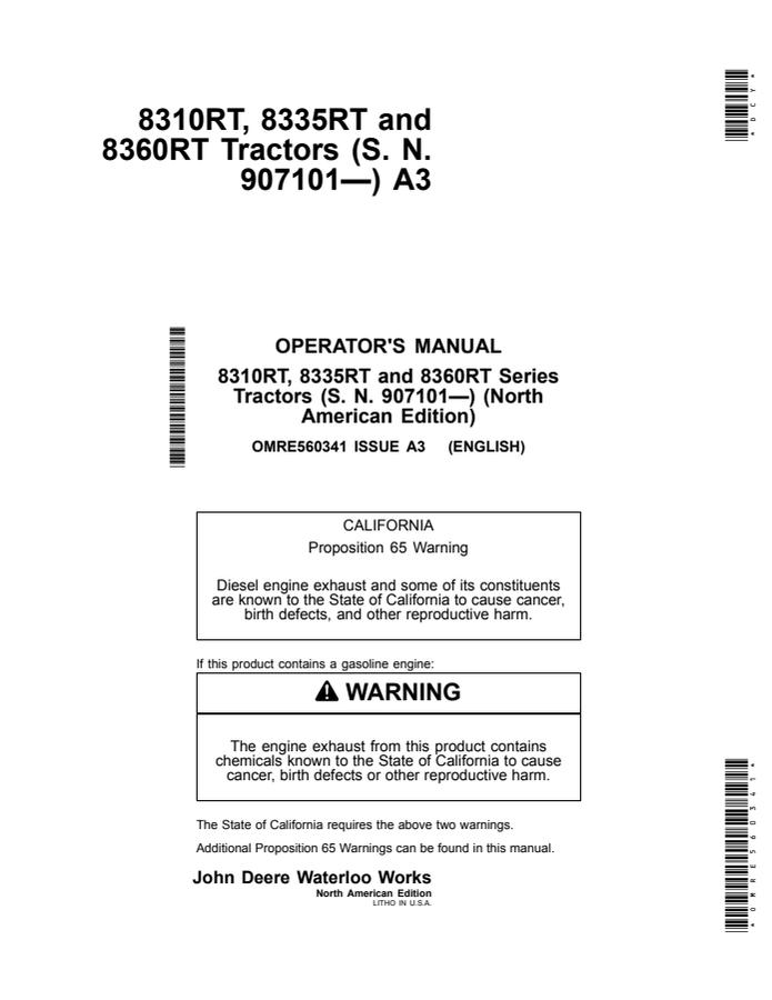 John Deere 8310RT, 8335RT and 8360RT Tractor Operator manual OMRE560341 — actual manual cover