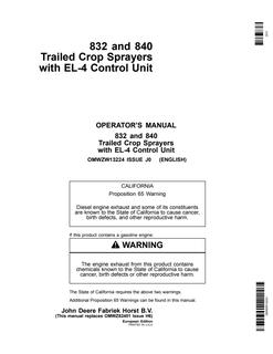 John Deere 832 and 840 EL-4 Crop sprayer Operator manual OMWZW13224 — actual manual cover