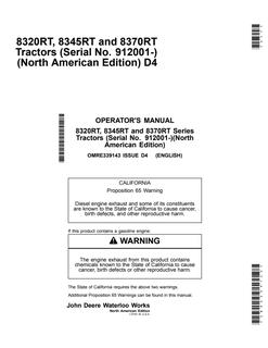 John Deere 8320RT, 8345RT and 8370RT Tractor Operator manual OMRE339143 — actual manual cover