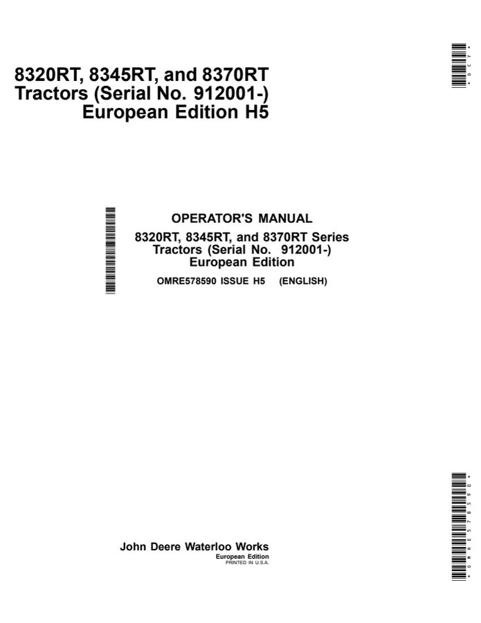 John Deere 8320RT, 8345RT and 8370RT Tractor Operator manual OMRE578590 — actual manual cover