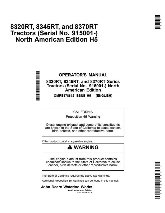 John Deere 8320RT, 8345RT and 8370RT Tractor Operator manual OMRE578612 — actual manual cover
