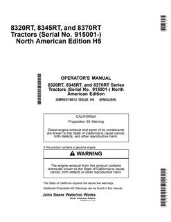John Deere 8320RT, 8345RT and 8370RT Tractor Operator manual OMRE578612 — actual manual cover