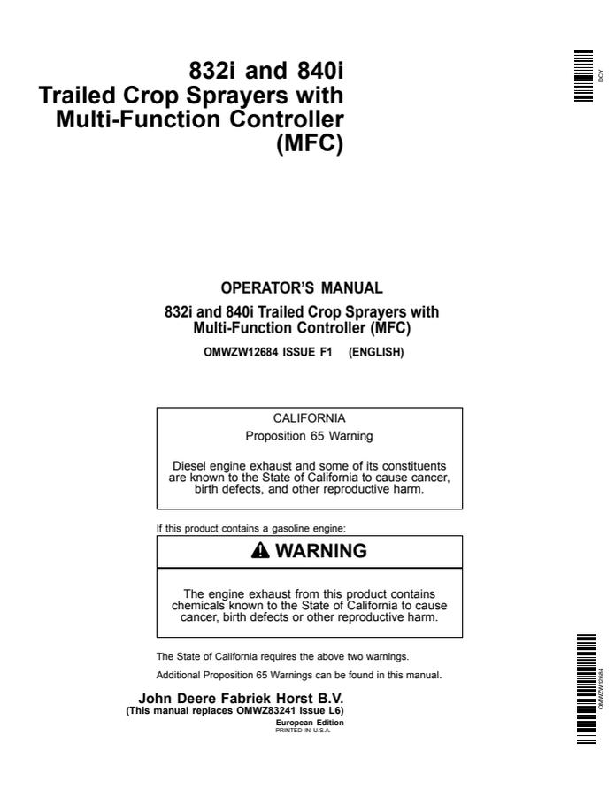 John Deere 832i and 840i MFC Crop sprayer Operator manual OMWZW12684 — actual manual cover