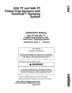 John Deere 832i TF and 840i TF TwinFluid Crop sprayer Operator manual OMWZW13209 — actual manual cover