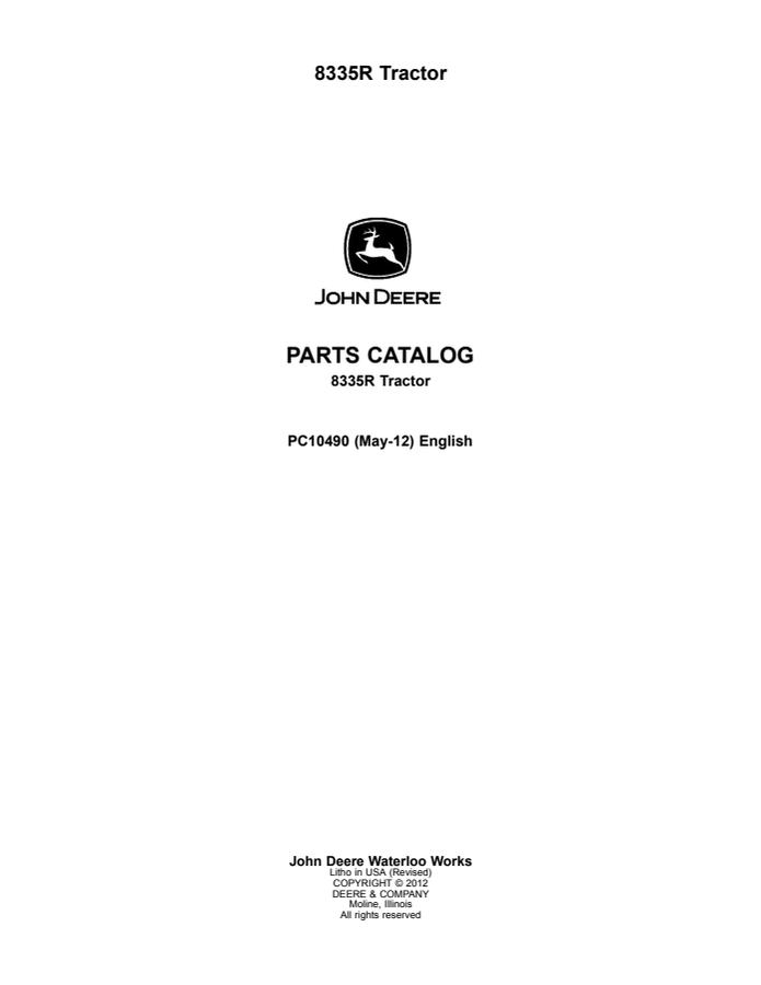 John Deere 8335R Tractor Parts catalog PC10490 — actual manual cover