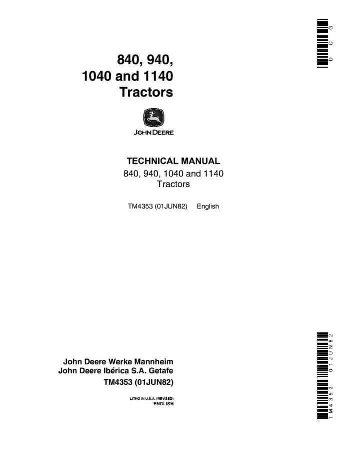 John Deere 840, 940, 1040, 1140 Tractor Technical Manual TM4353 — actual manual cover