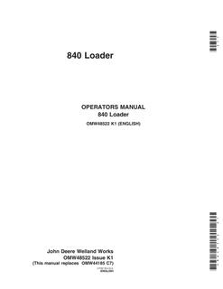 John Deere 840 Loader Operator manual OMW48522 — actual manual cover