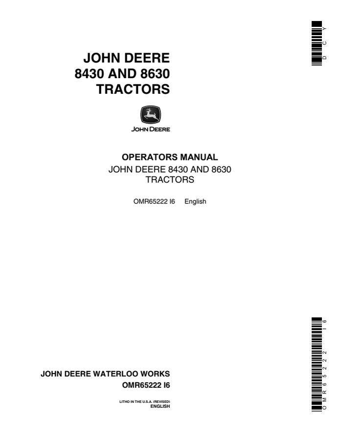 John Deere 8430 and 8630 Tractor Operator manual OMR65222 — actual manual cover